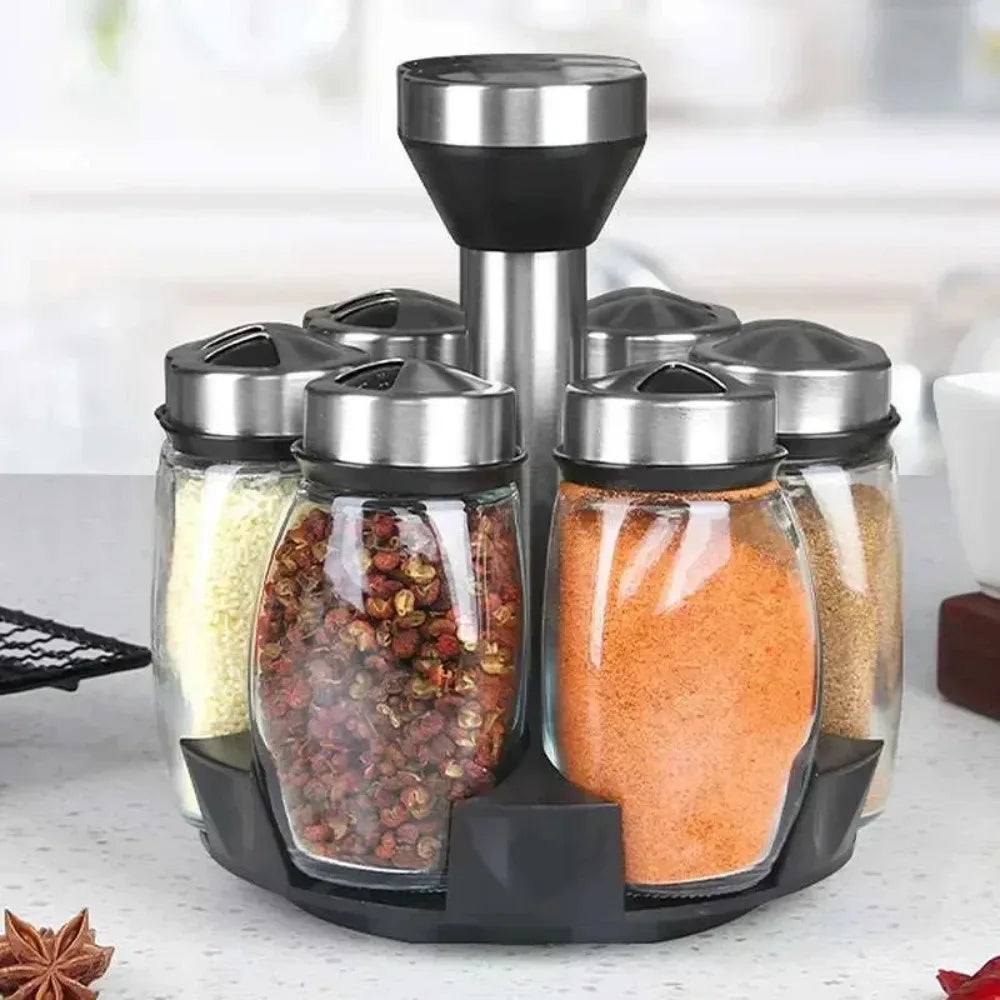 Nordic Spin Spice Rack – Set de 7 Frascos de Vidro com Base Girátoria 360°