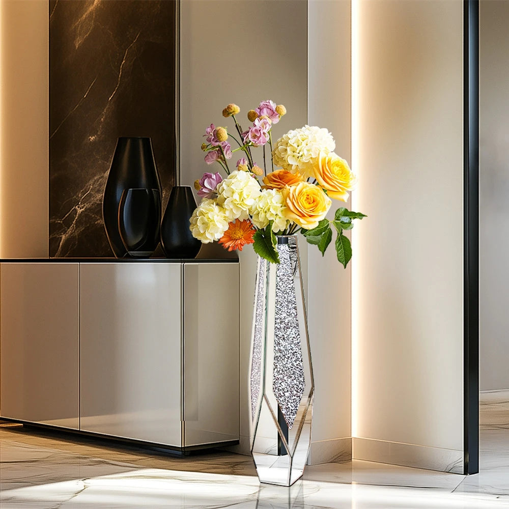 Crystal Mirror Vase – Vaso de Chão Prateado Efeito Cristal