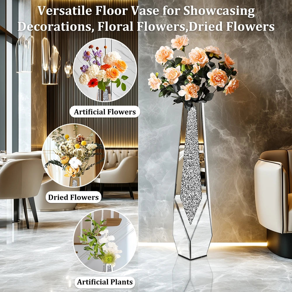 Crystal Mirror Vase – Vaso de Chão Prateado Efeito Cristal