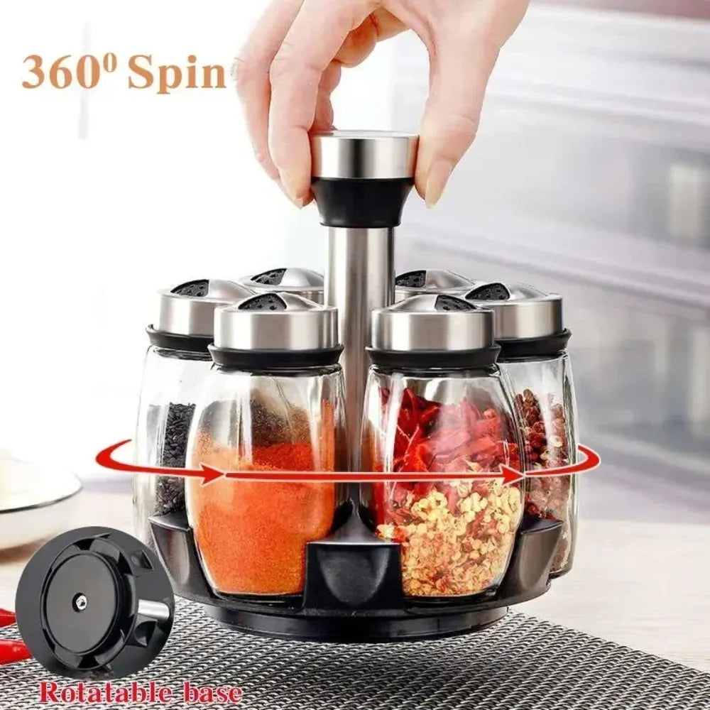 Nordic Spin Spice Rack – Set de 7 Frascos de Vidro com Base Girátoria 360°